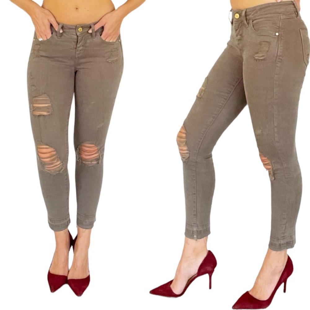 Bebe army green distressed skinny jeans size 25